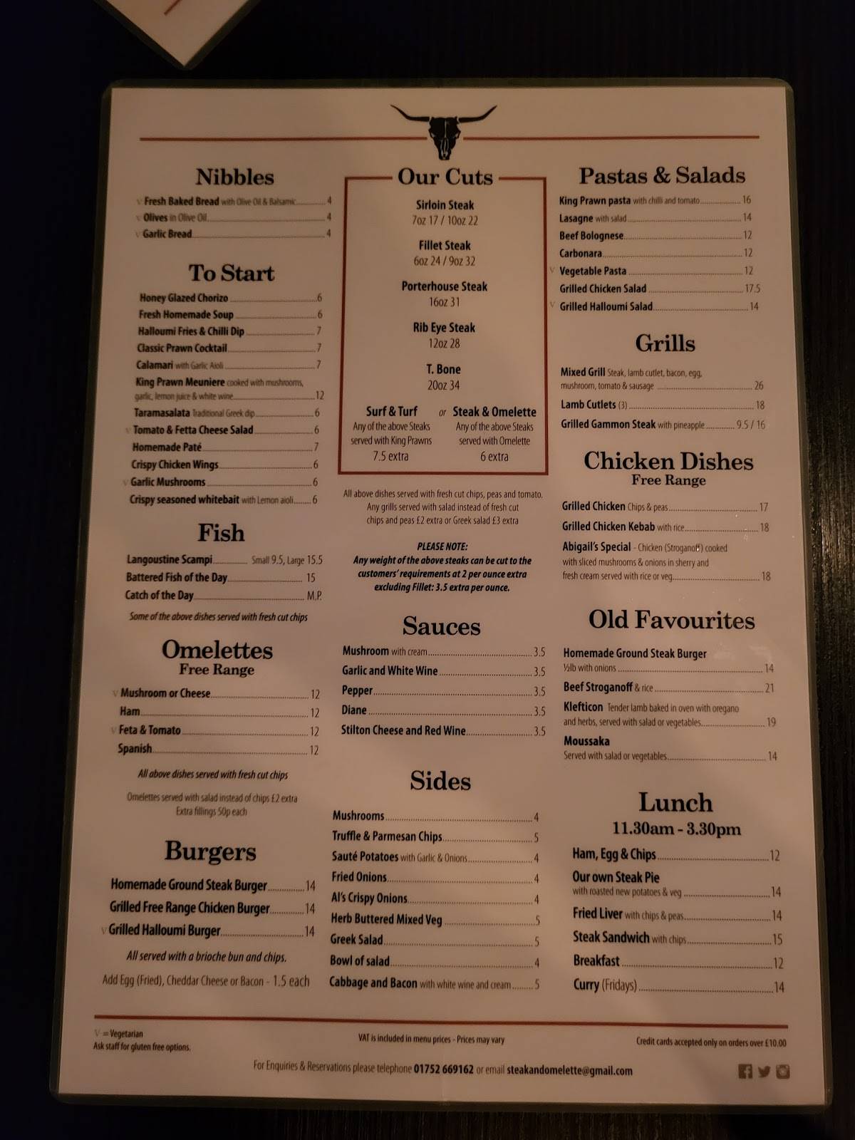 Menu at Steak & Omelette restaurant, Plymouth
