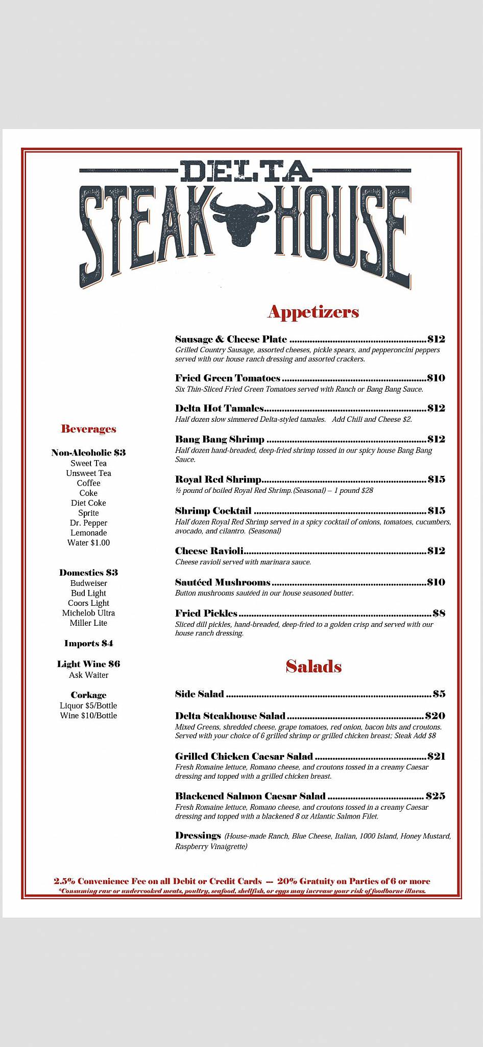 Menu at Delta Steakhouse, Senatobia