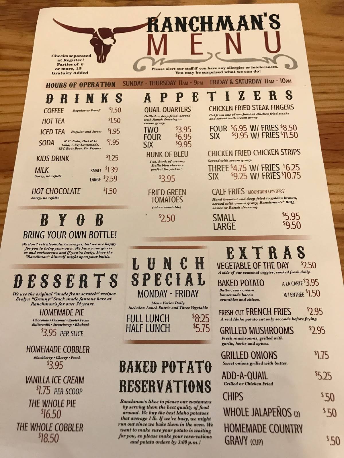 Menu at Ranchman's Ponder Steakhouse, Ponder