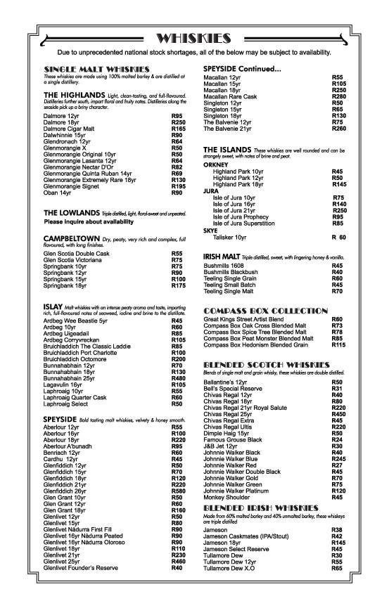 Menu at The Grillhouse Melrose Arch steakhouse, Johannesburg, Melrose Arch