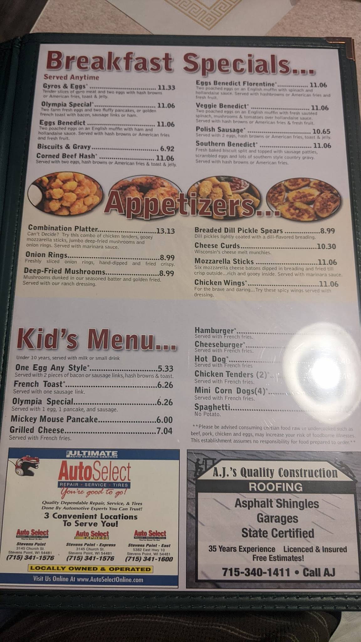 Menu at Olympia Family Restaurant, Stevens Point, 200 Division St A