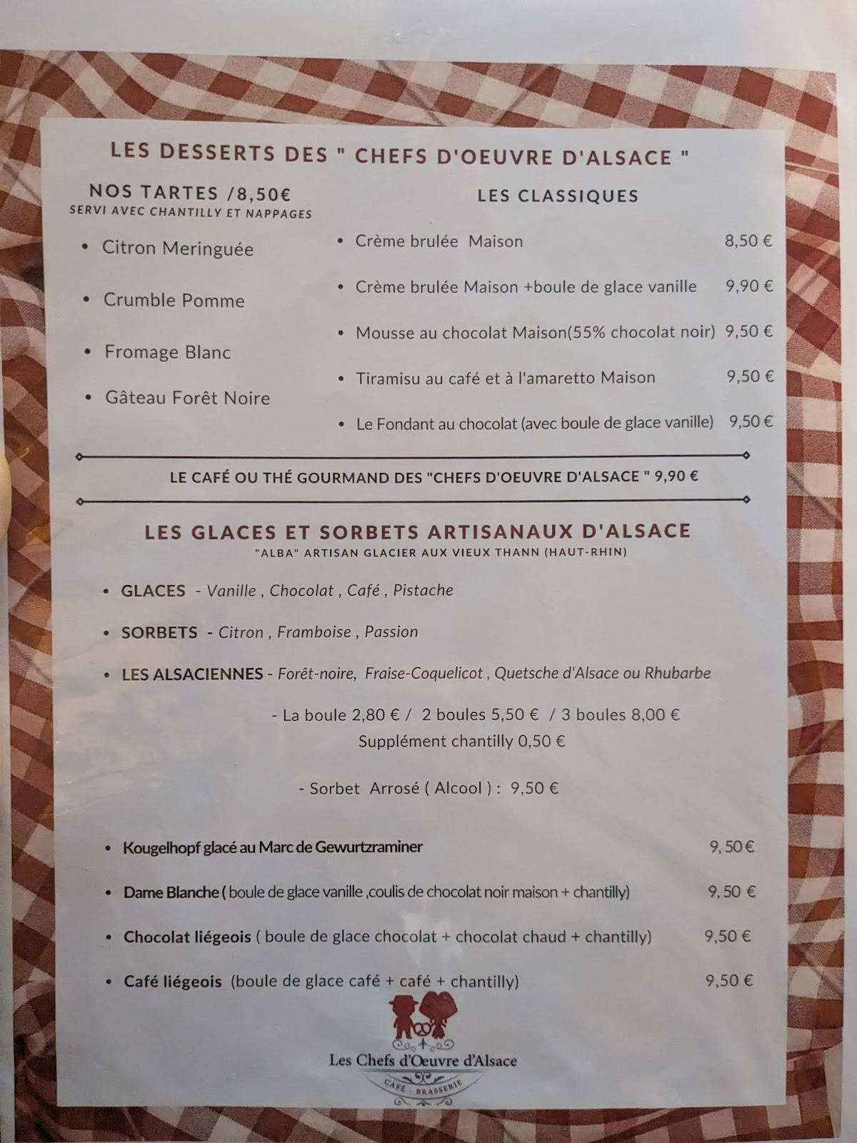 Menu at Les Chefs d’Oeuvre d'Alsace restaurant, Strasbourg