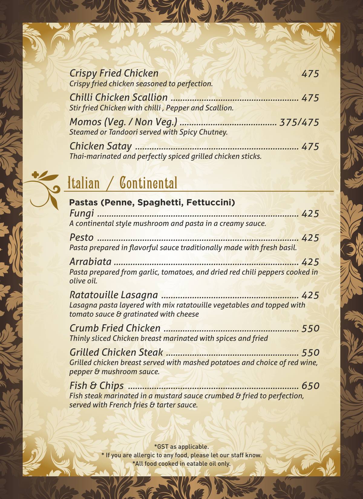 Sunset Restaurant and Bar menu