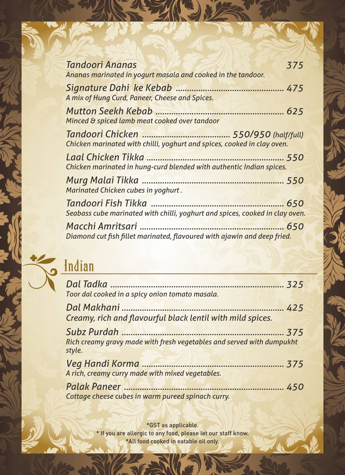 Sunset Restaurant and Bar menu