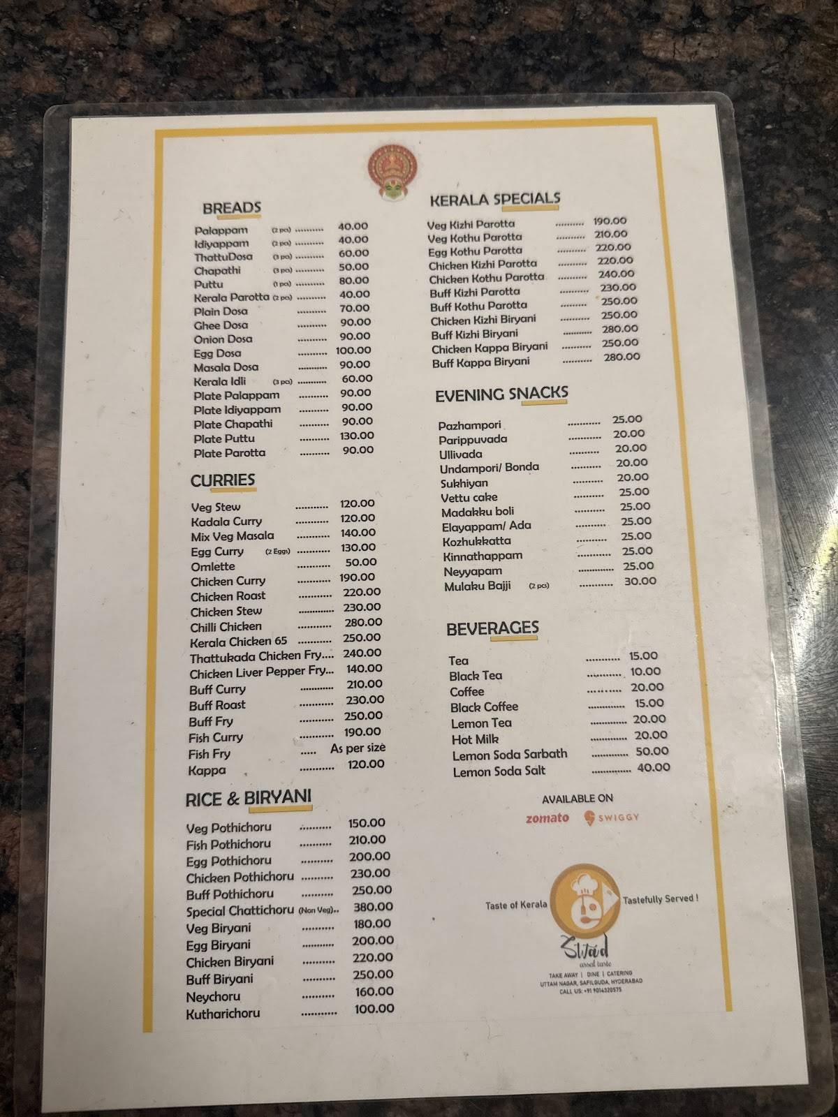 Swad Assal Taste Kerala Restaurant menu