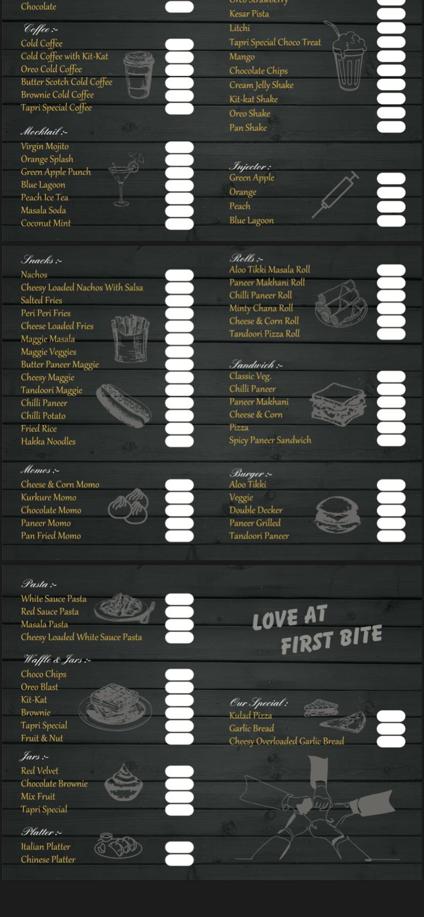 Tapri cafe menu