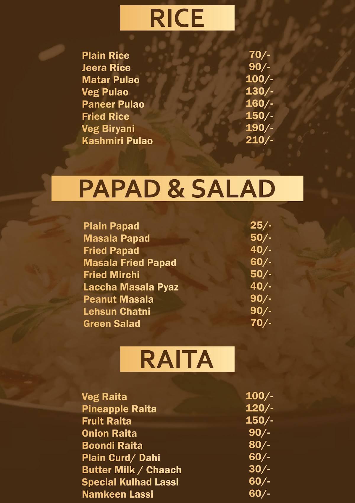 Taste of Rajasthan menu