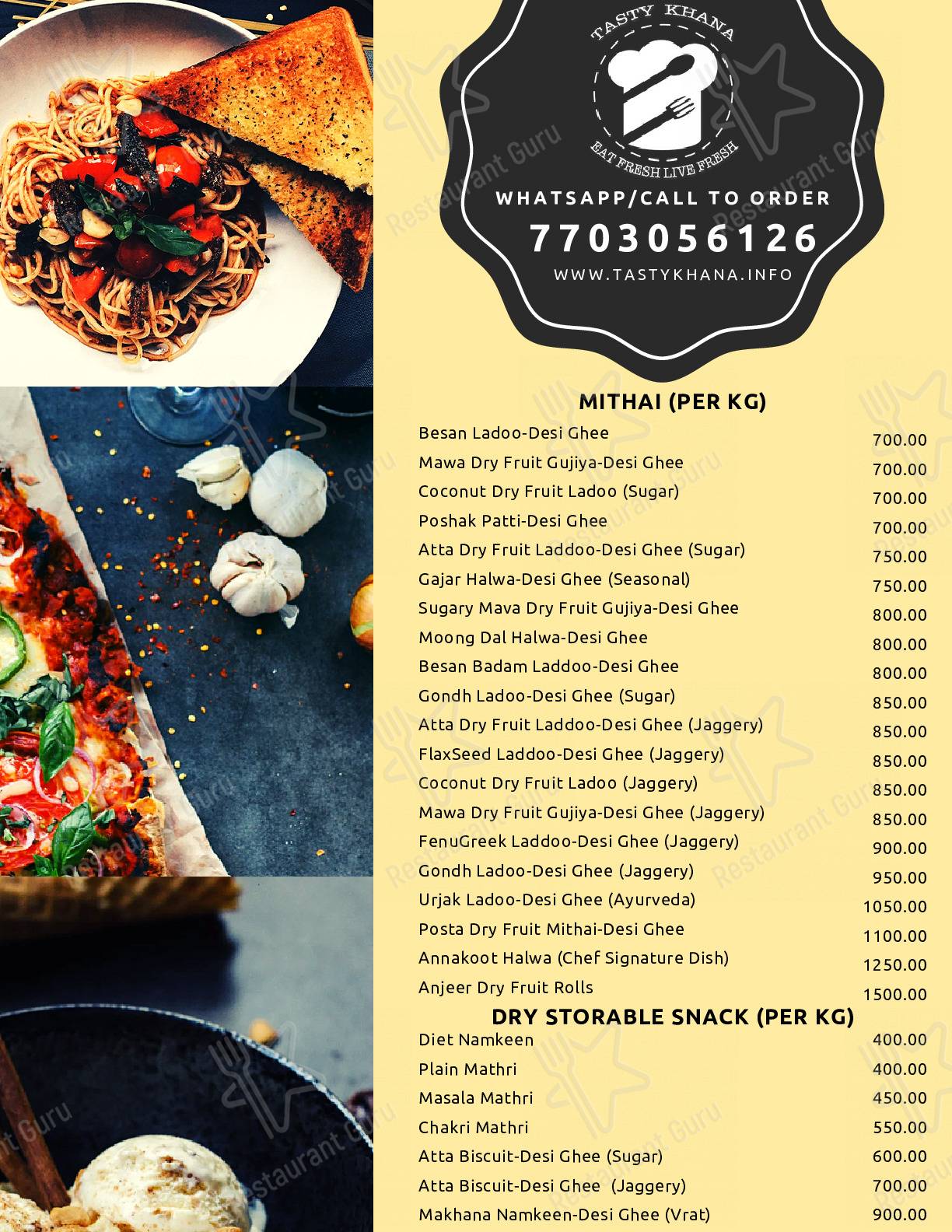 Tasty Khana menu - meals and drinks