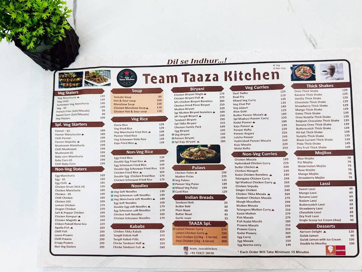 Team Taaza kitchen menu