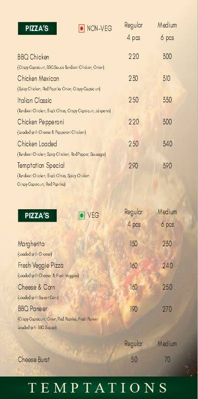 Temptations Cafe menu