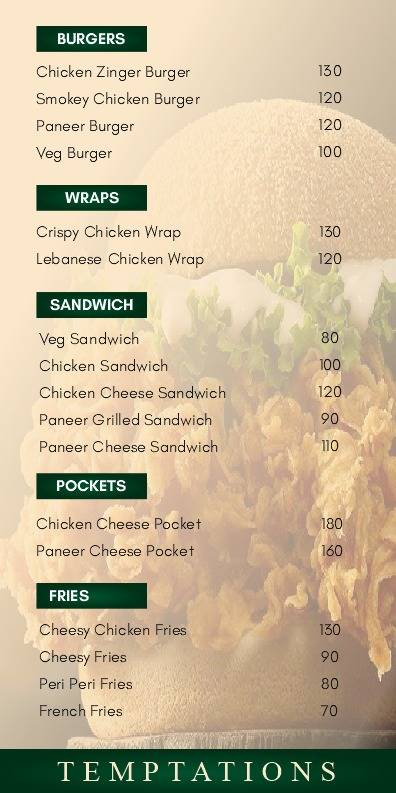 Temptations Cafe menu