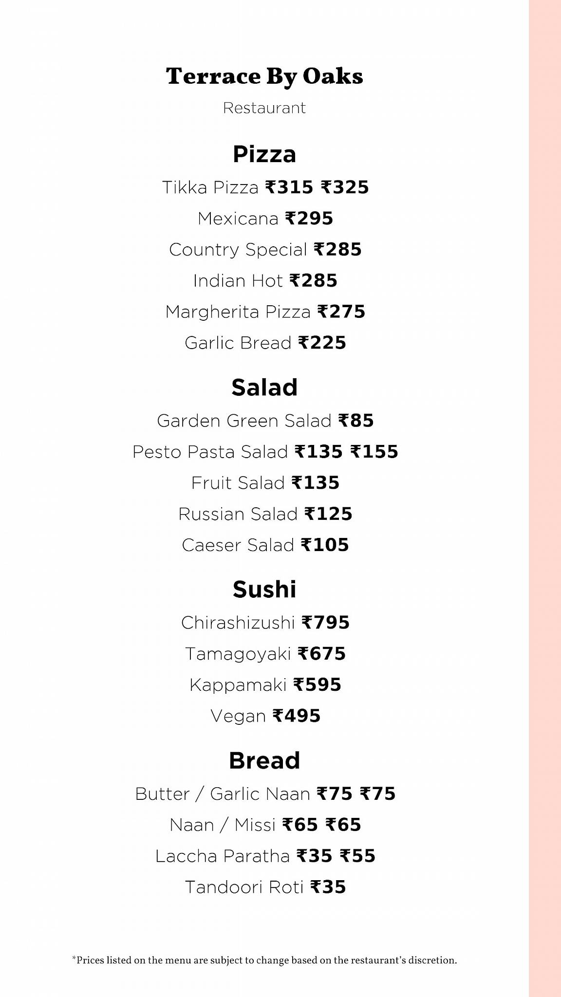 Terrace By Oaks menu
