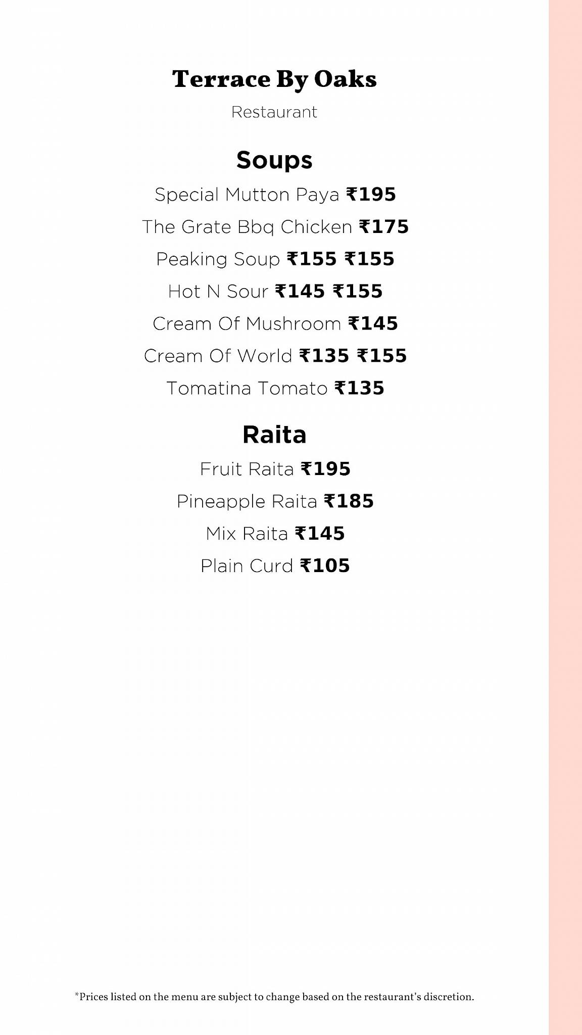 Terrace By Oaks menu