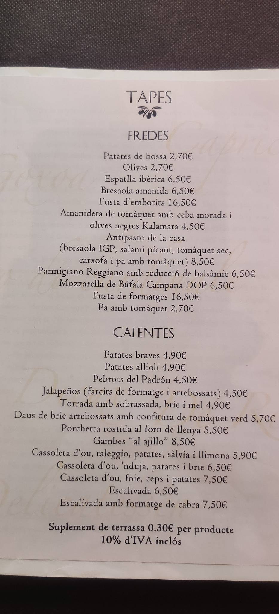 Menu at Teta de Monja pizzeria, Barcelona