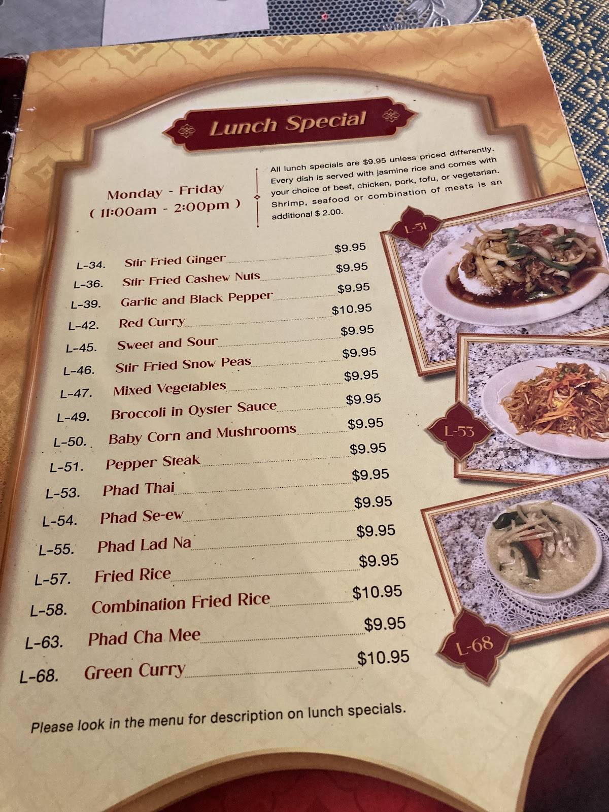 Menu at Thai House restaurant, Sebring