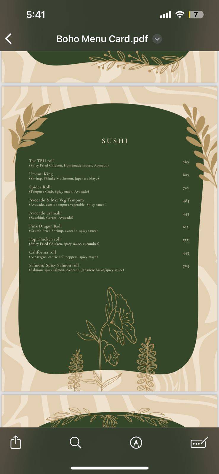 The Boho House Cocktail Bar menu