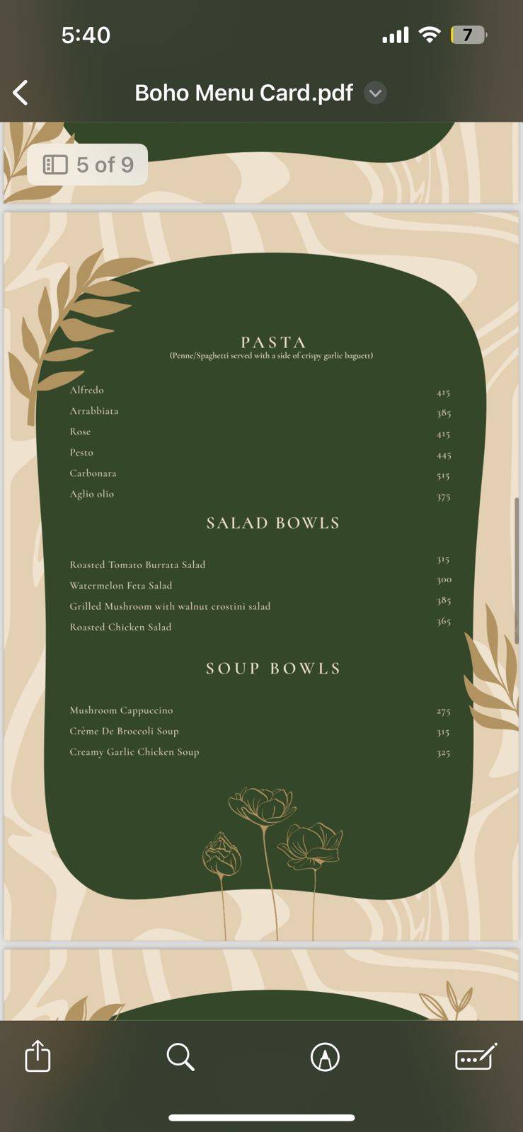 The Boho House Cocktail Bar menu