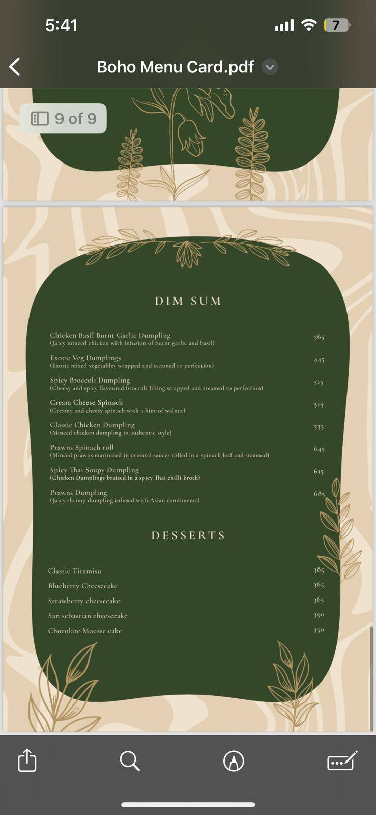 The Boho House Cocktail Bar menu