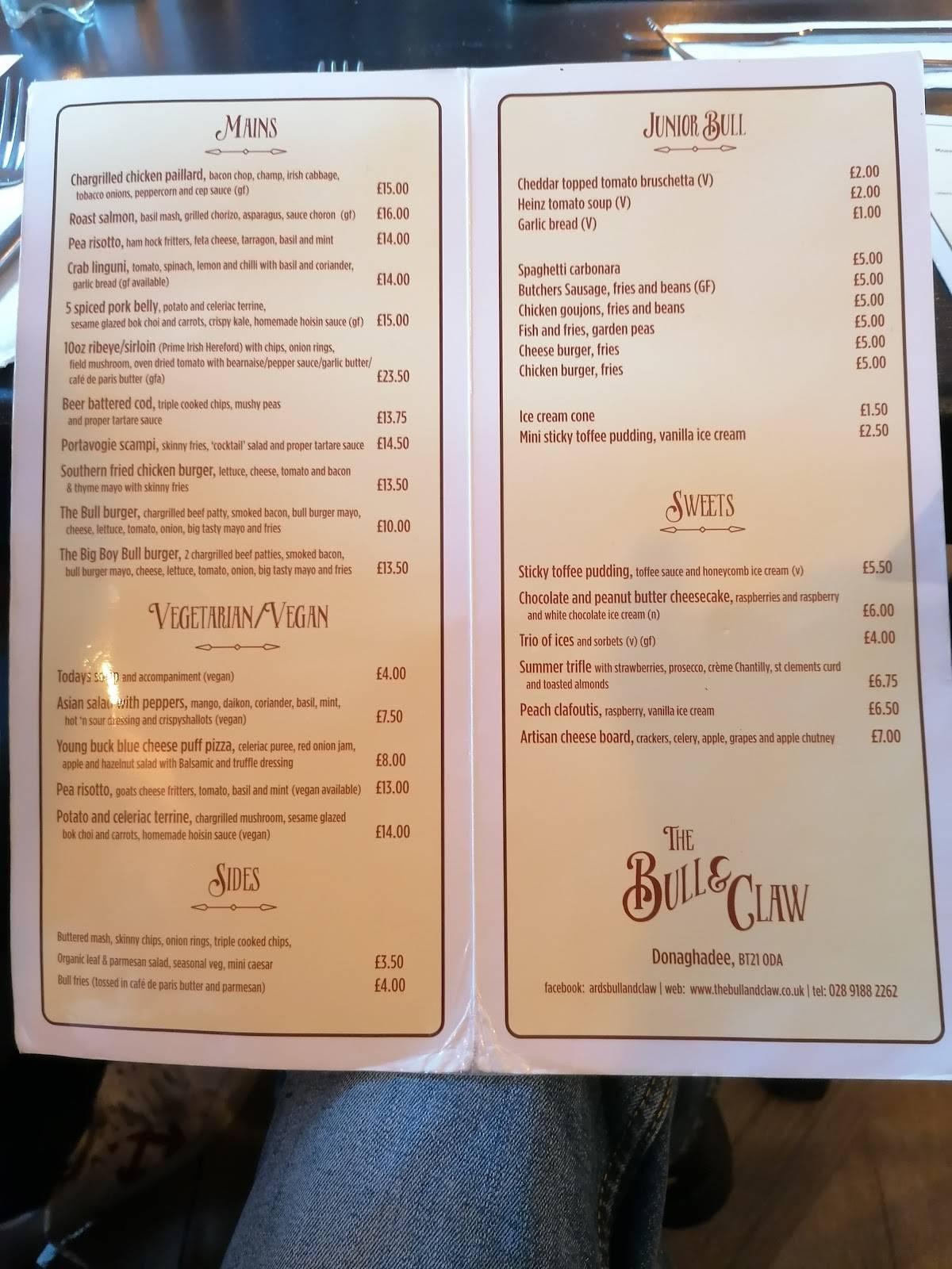 Menu at The Bull & Claw Donaghadee restaurant, Donaghadee