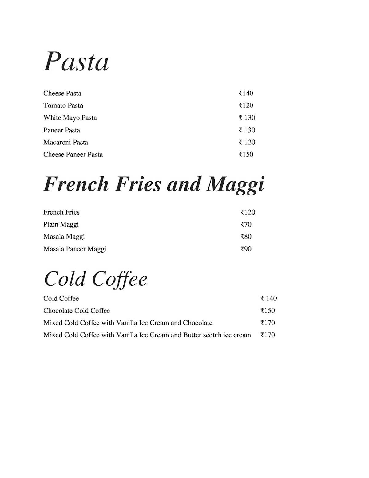 The Burger Club menu