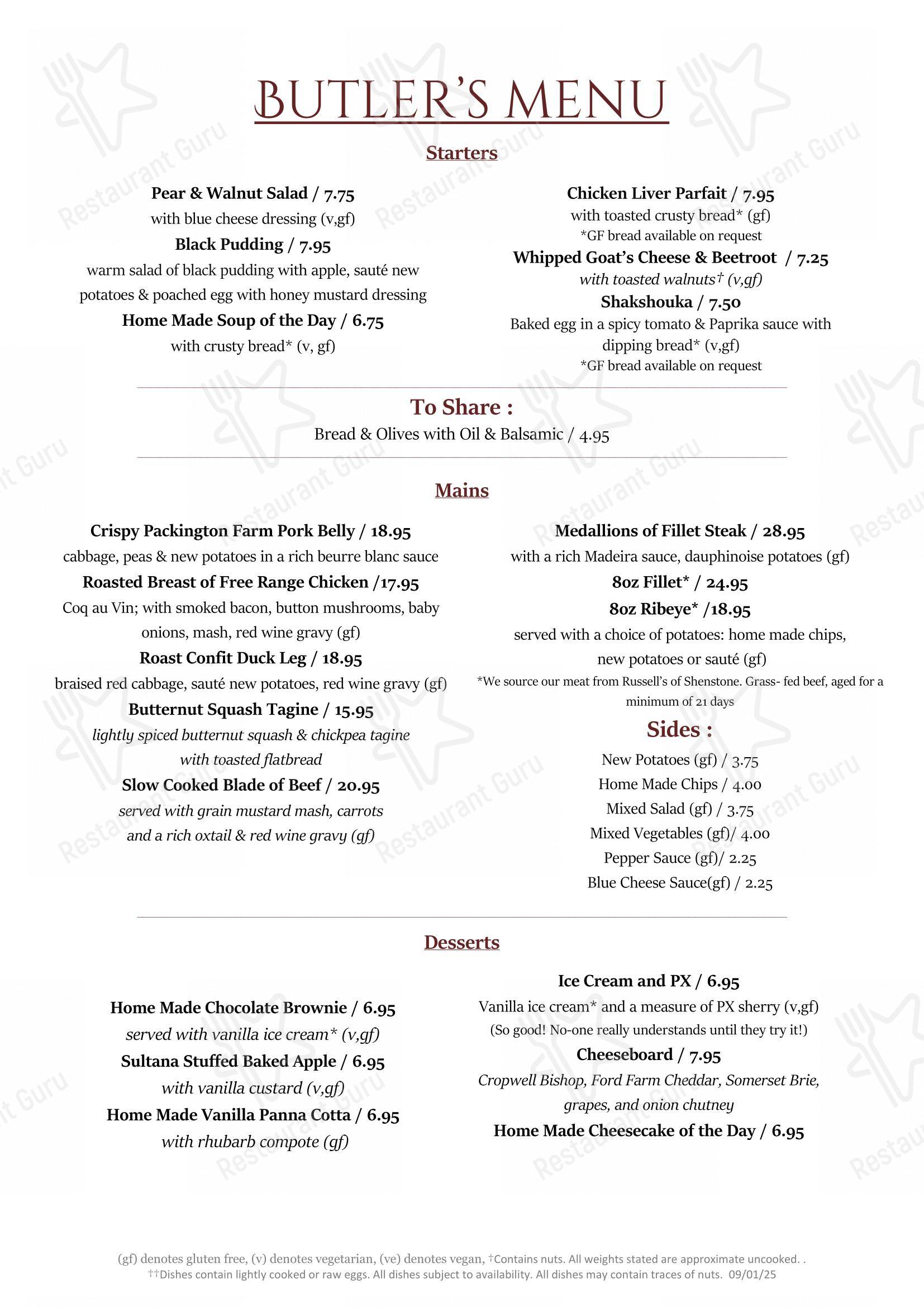 Menu at The Butlers Arms pub & bar, Sutton Coldfield
