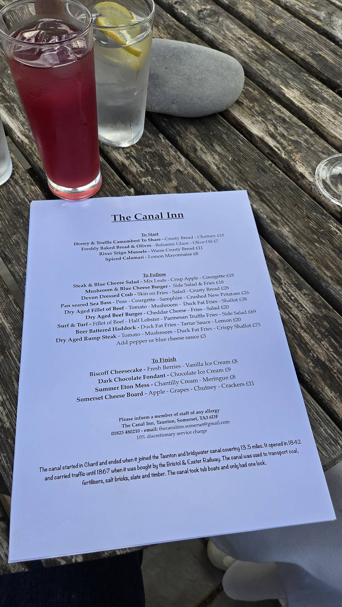 Menu at The Canal inn restaurant, North Curry