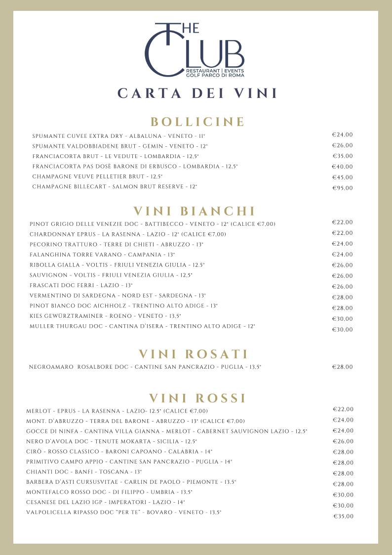 Menu di The Club Parco di Roma Ristorante e Location Eventi Roma Nord 