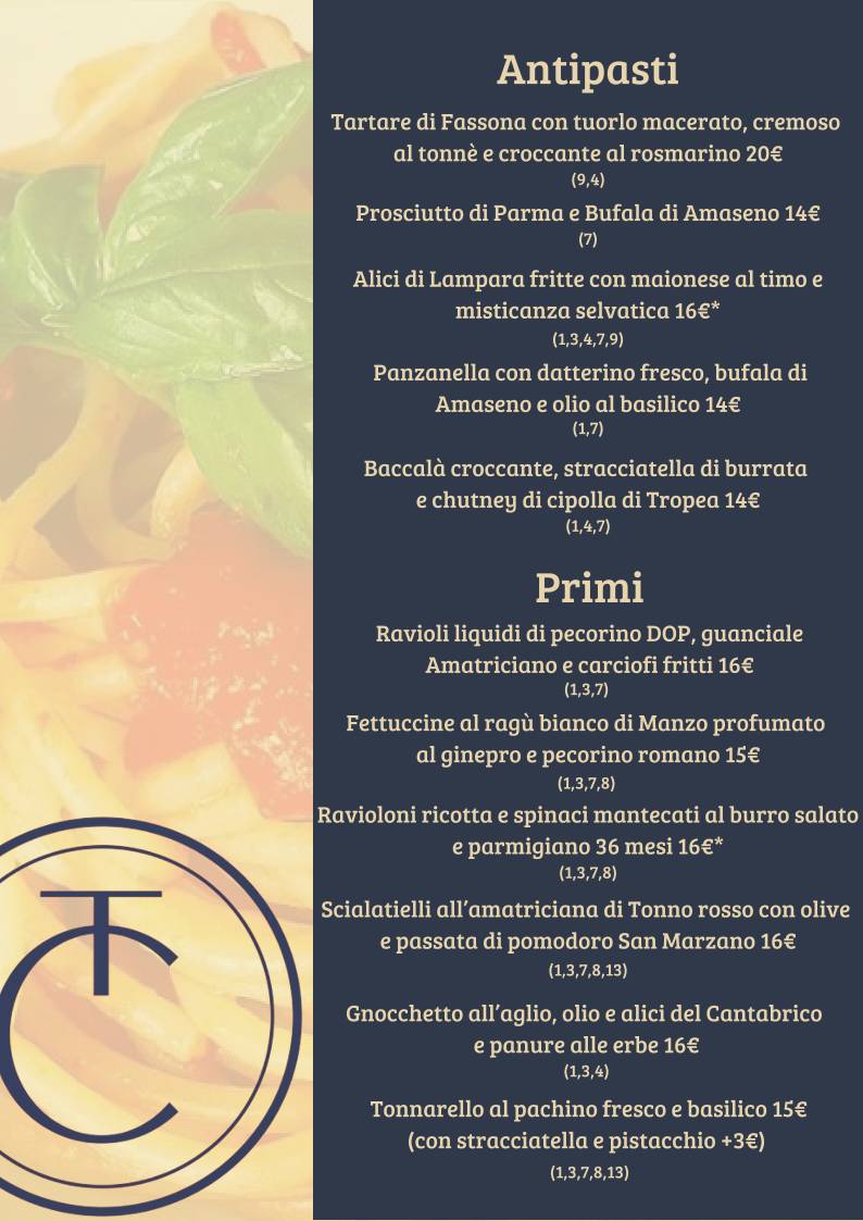 Menu di The Club Parco di Roma Ristorante e Location Eventi Roma Nord 