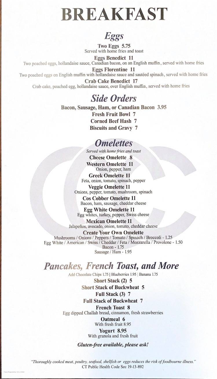 Menu at The Cos Cobber restaurant, Greenwich