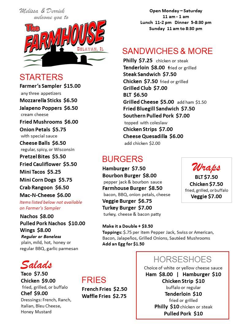 Menu at The Farmhouse restaurant, Delavan