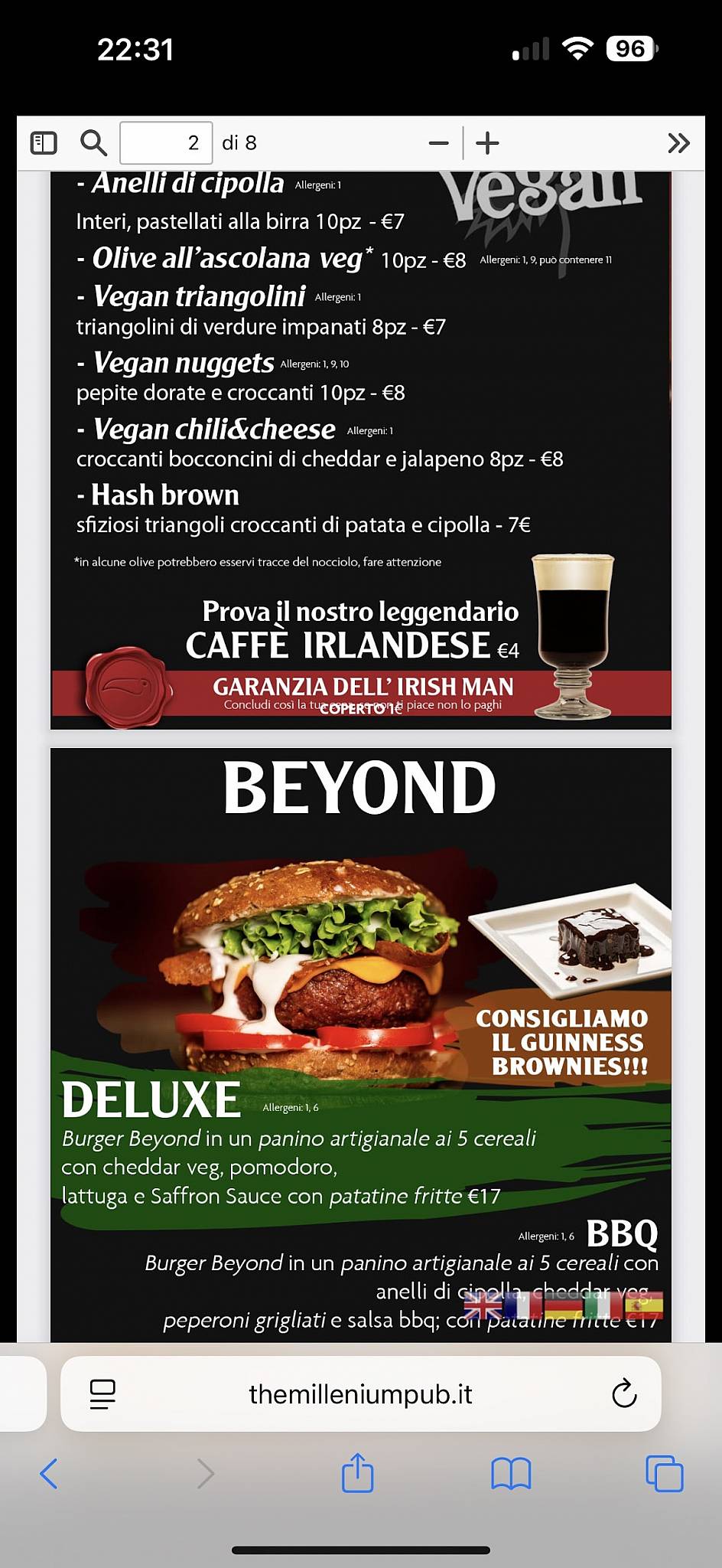 Menu di The Millenium Pub l'Irish Pub N°1 in Italia 