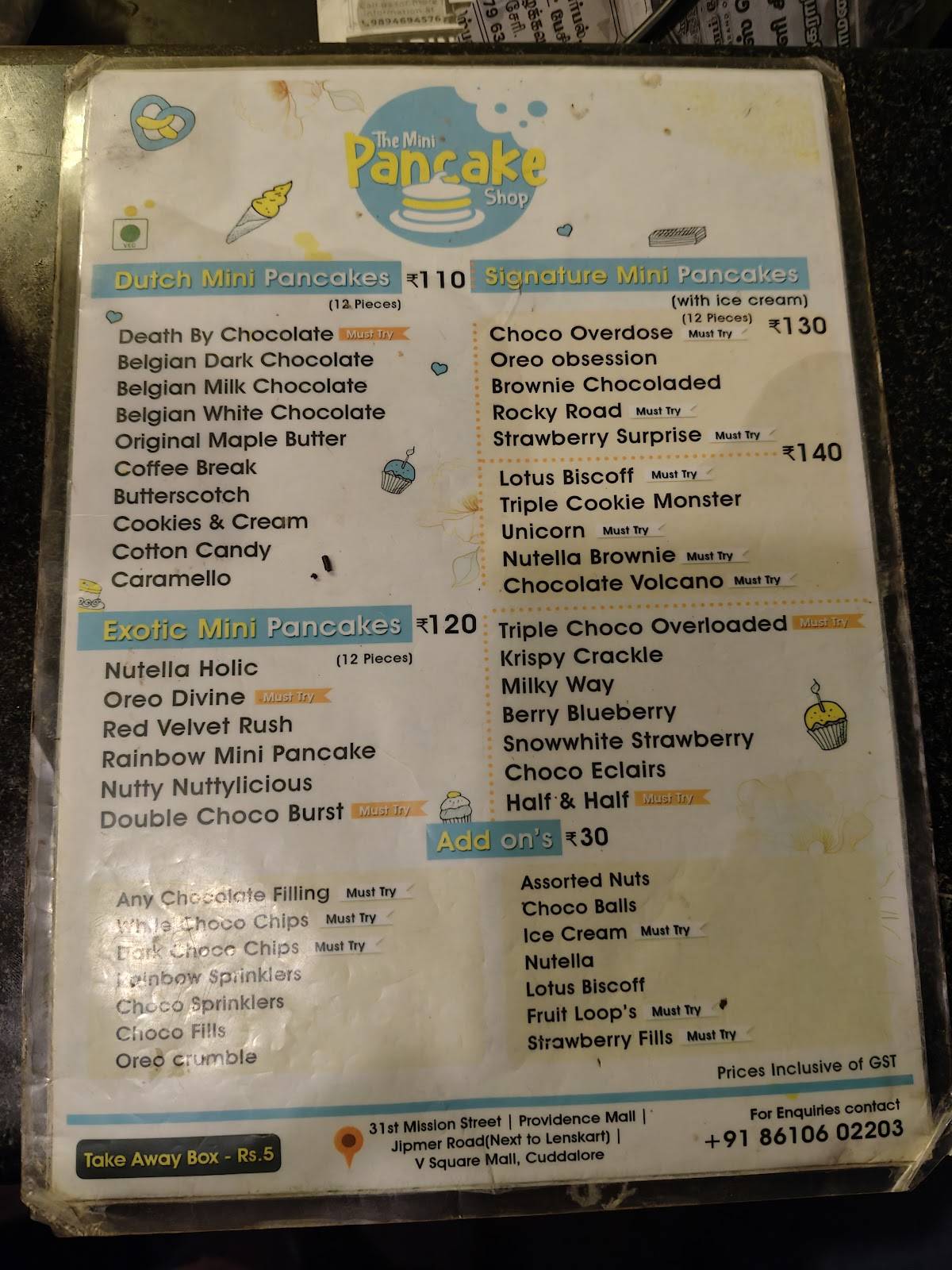 The Mini Pancake Shop menu