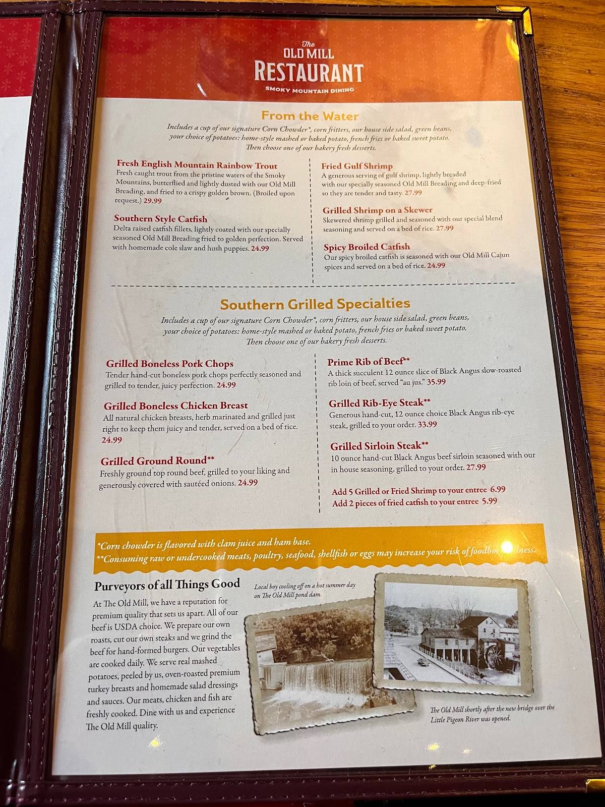 Menu at The Old Mill Restaurant, Pigeon 164 Old Mill Ave