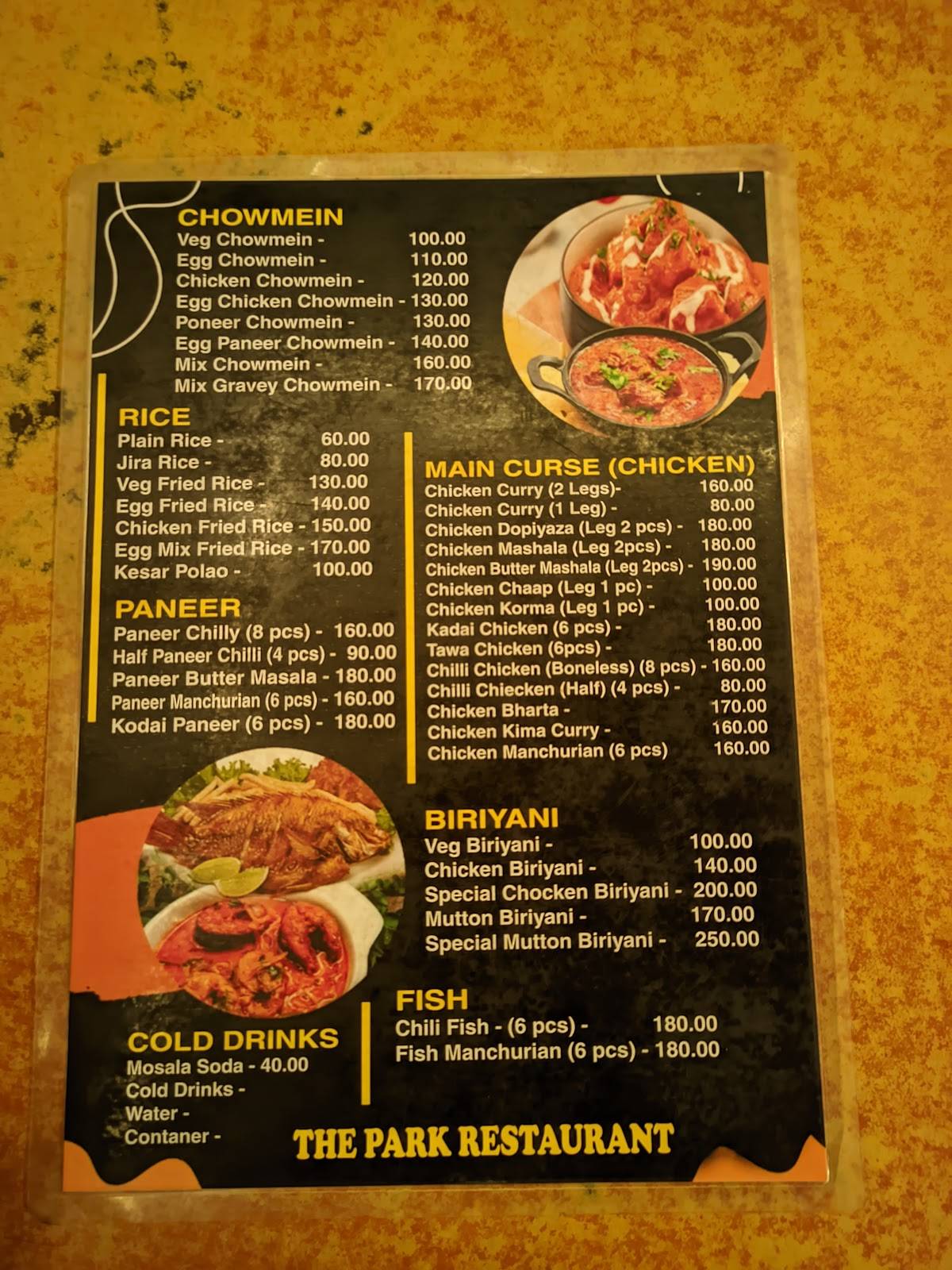 The Park Restaurant menu