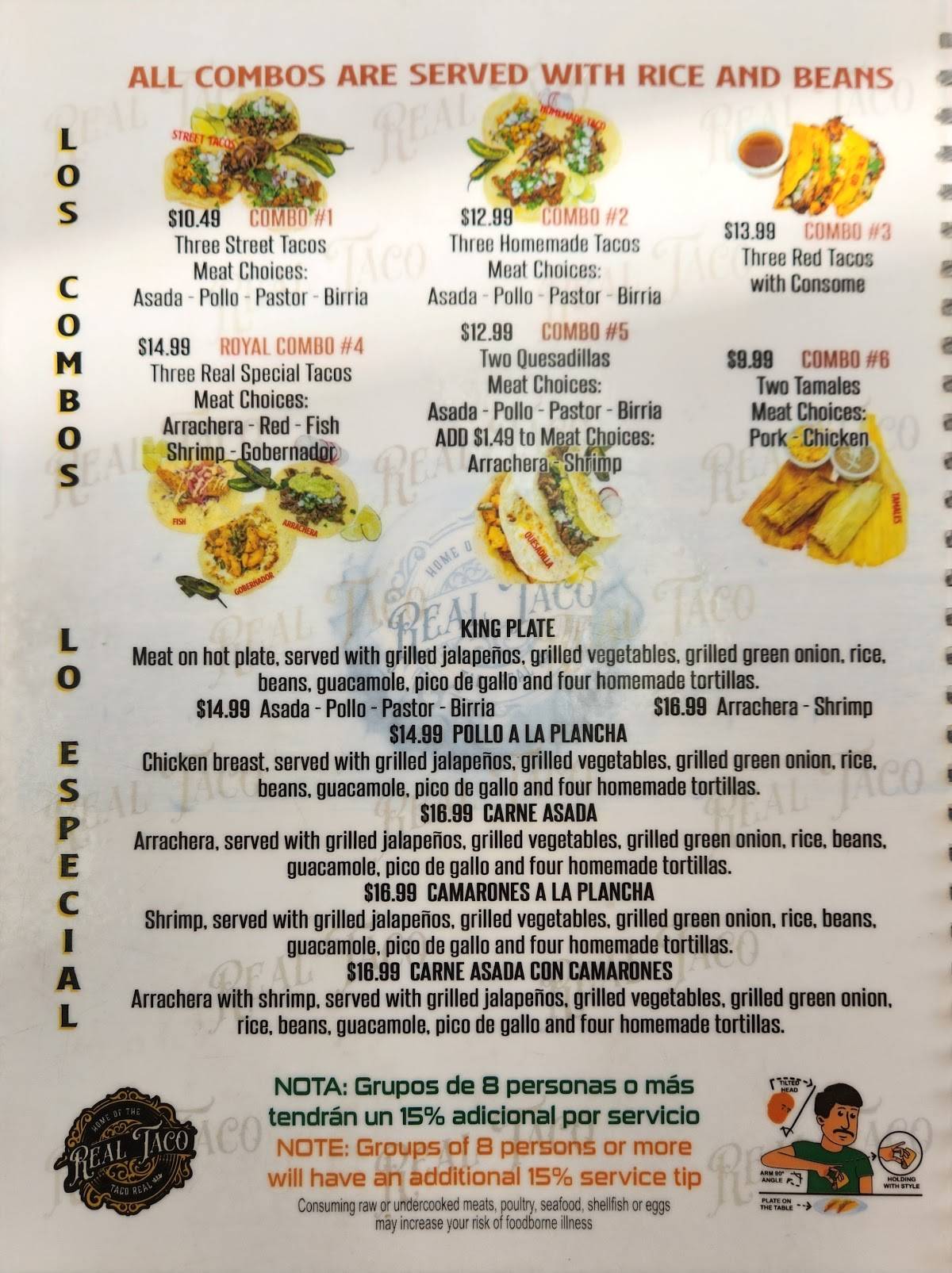 Menu at The Real Taco restaurant, Bixby