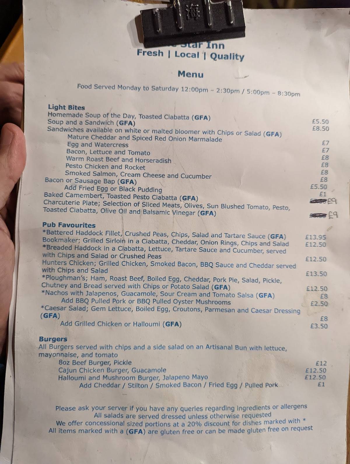 Menu At The Star Inn Pub & Bar, Pershore