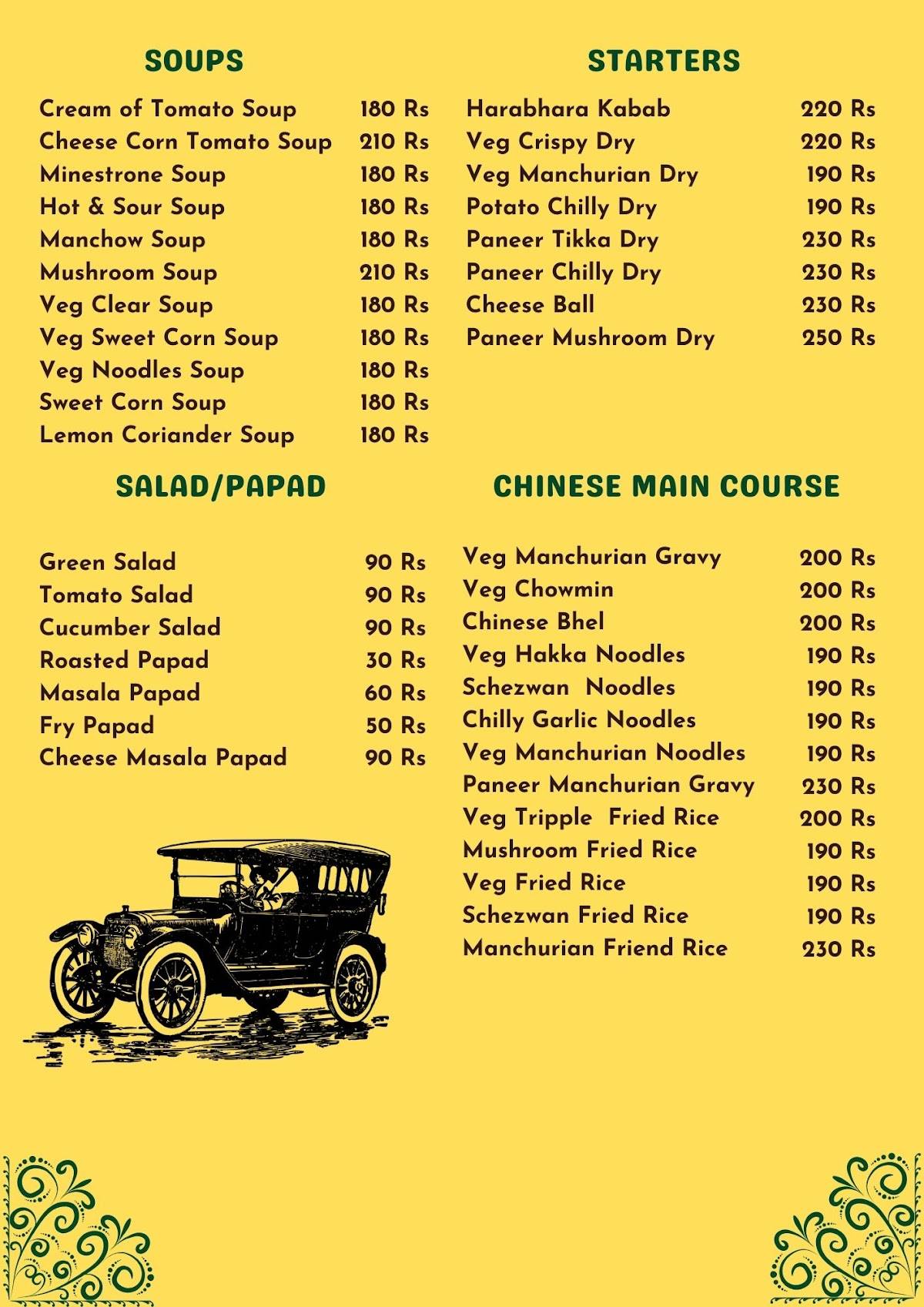 The Vintage Village Restaurant menu