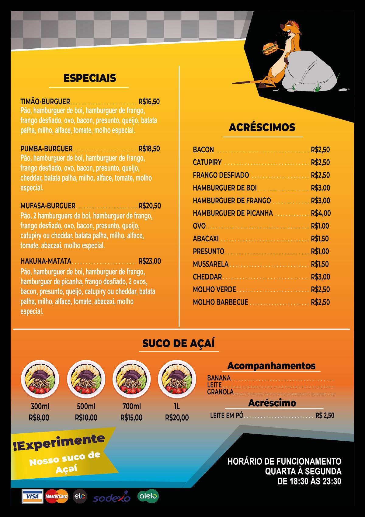 Timão Burguer cardápio