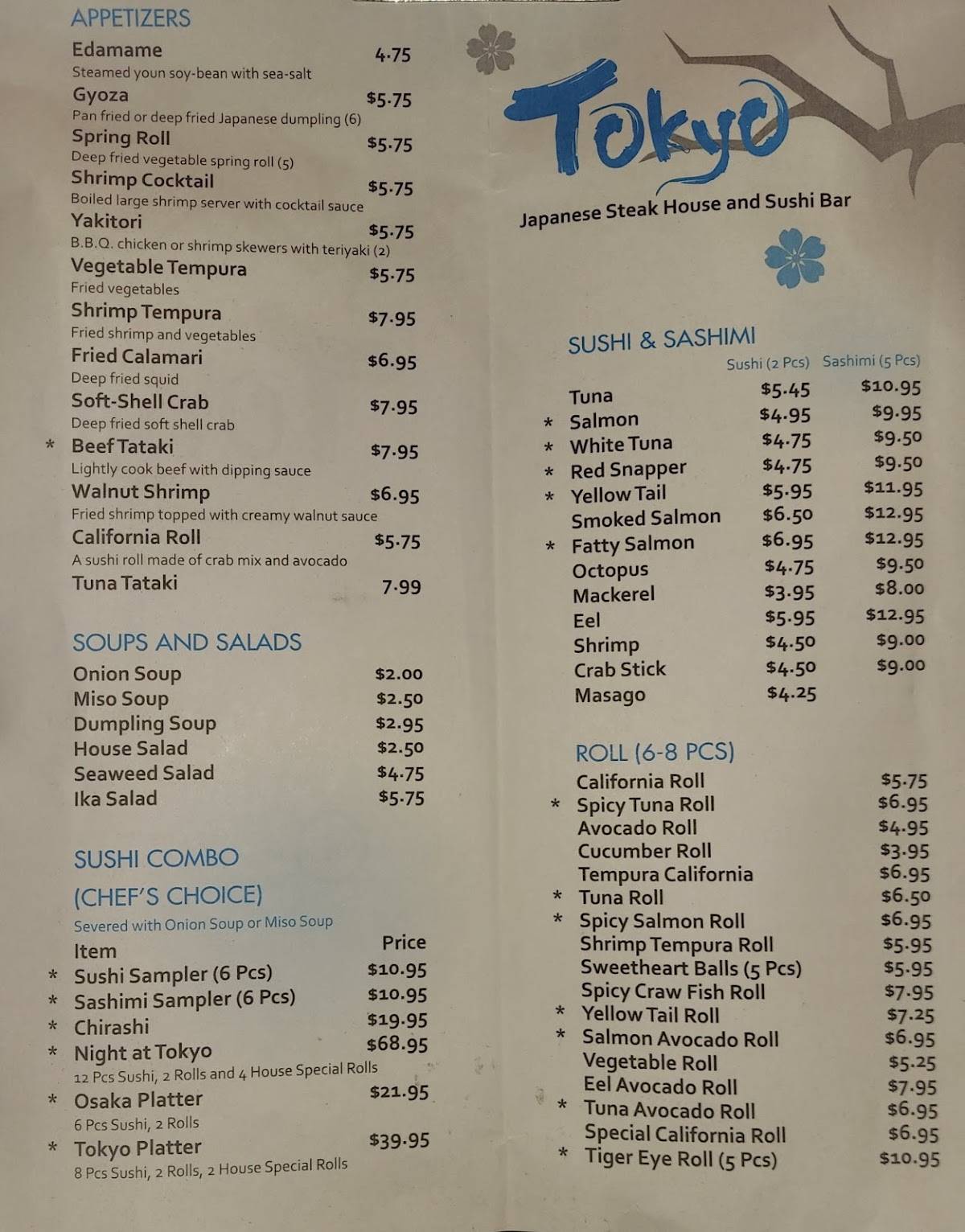 Menu at Tokyo restaurant, Carlsbad