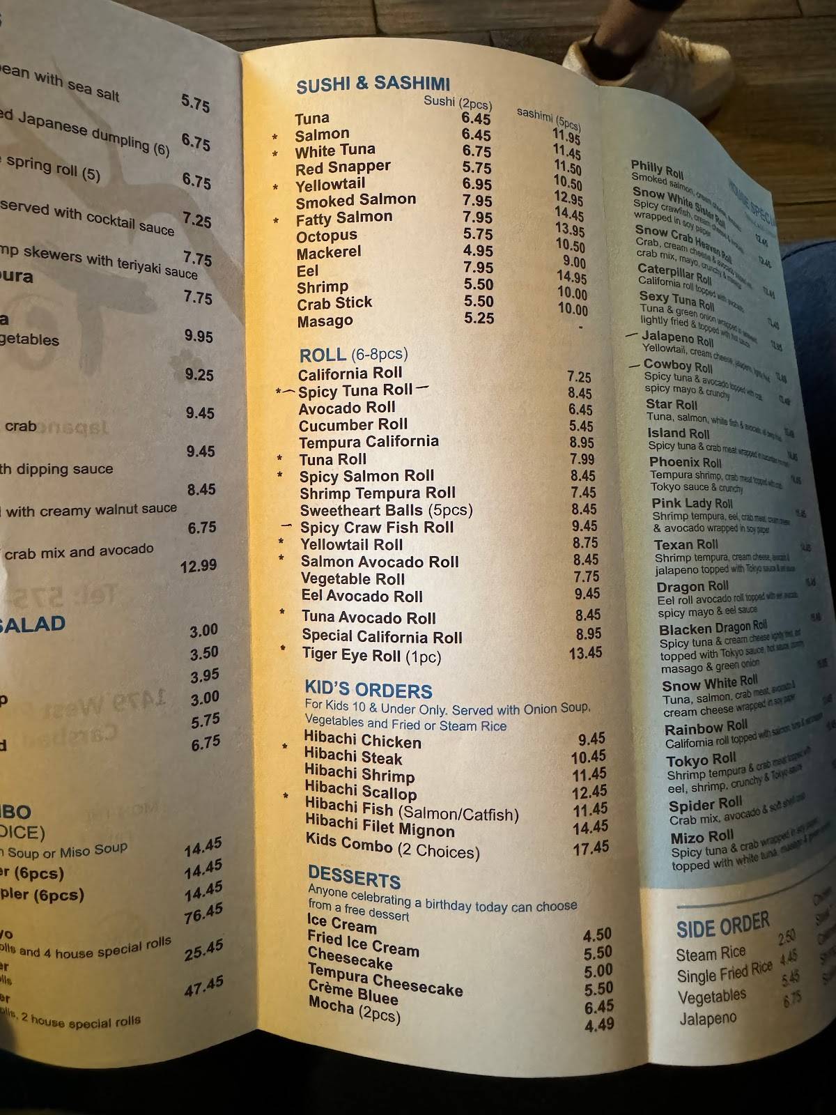 Menu at Tokyo restaurant, Carlsbad