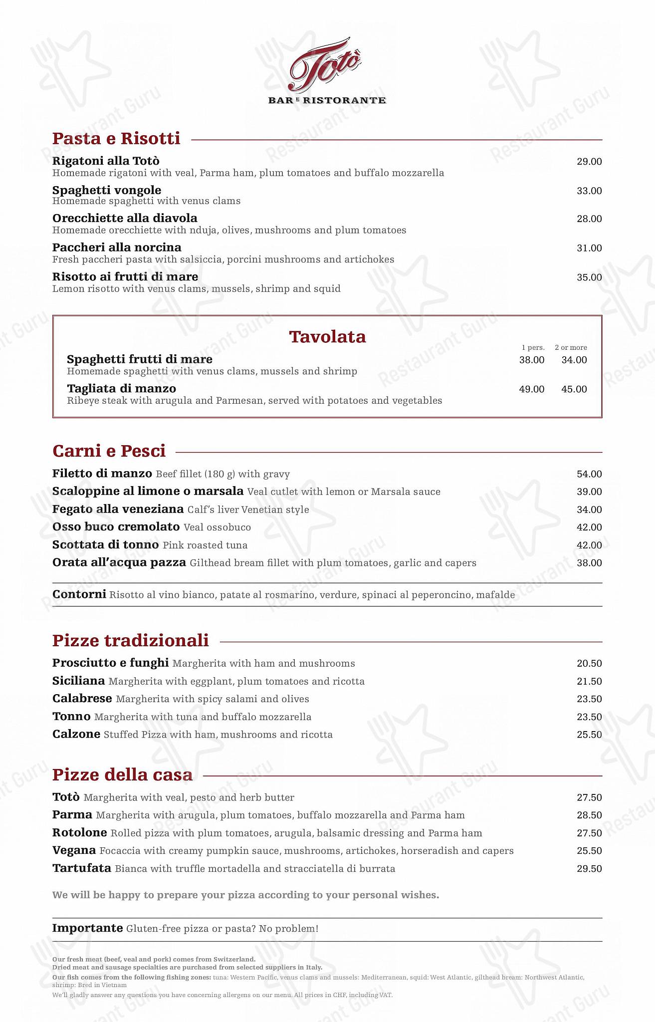 Carte menu per Totò in Zurigo