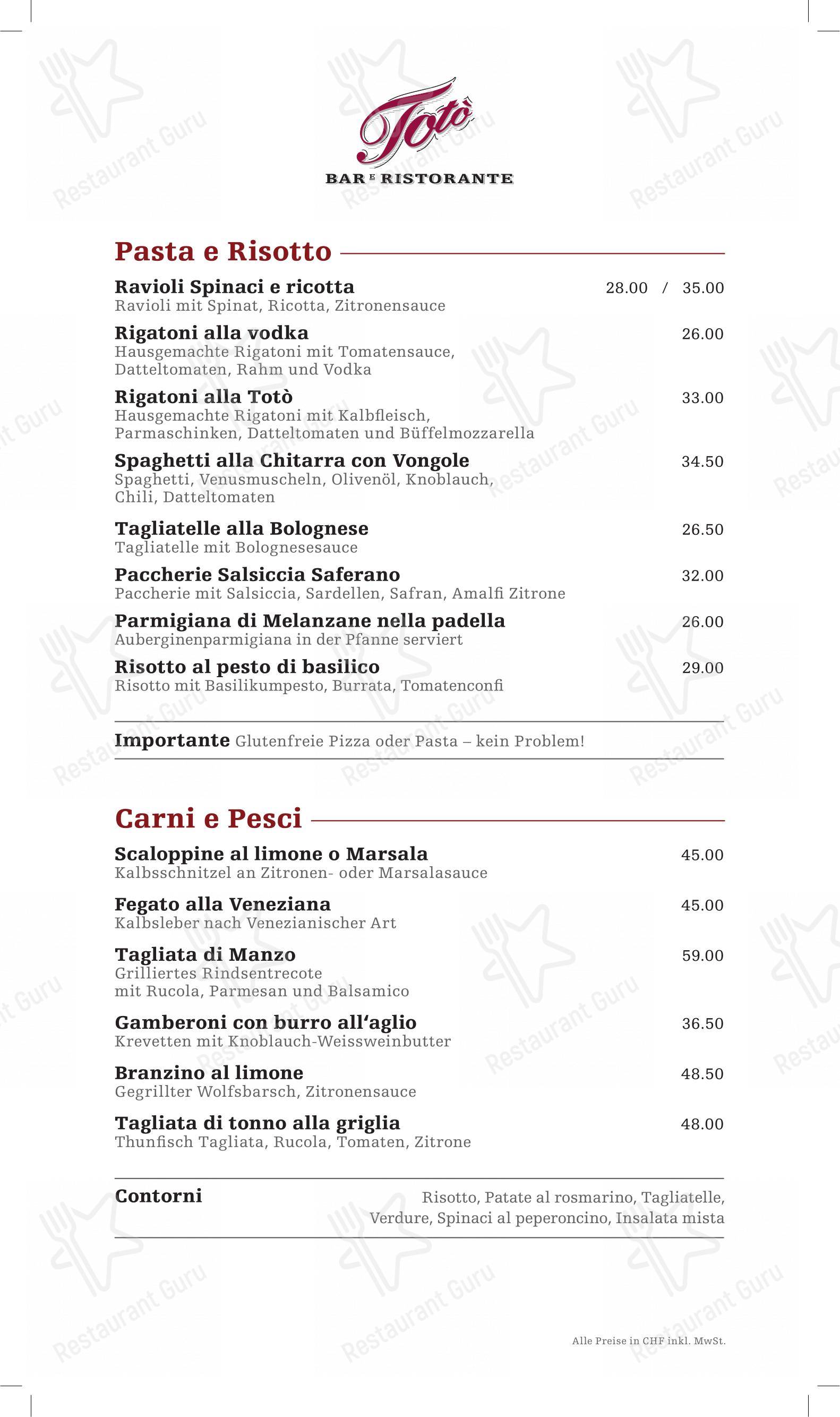 Основное меню per Totò in Zurigo