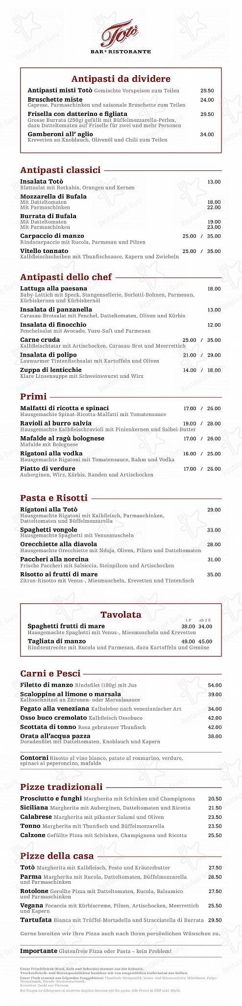 Totò in Zurigo - Carte menu
