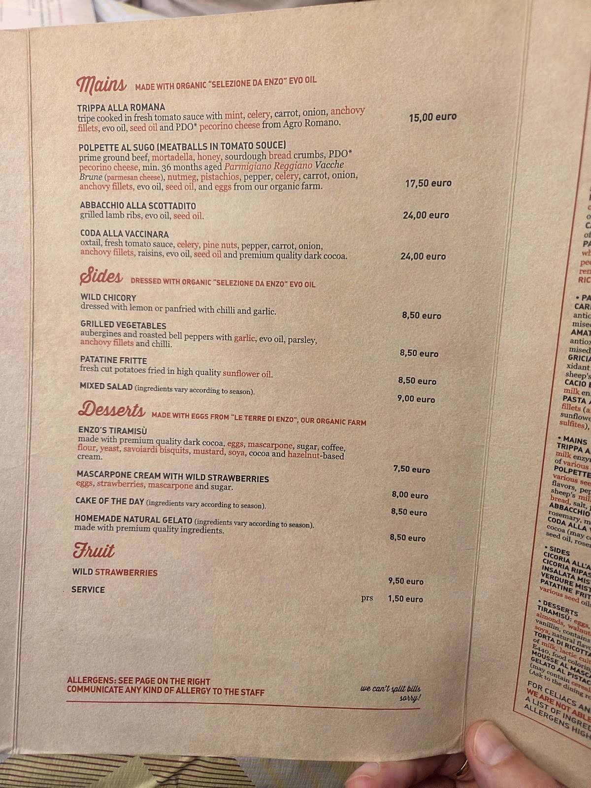 Menu di Trattoria Da Enzo 