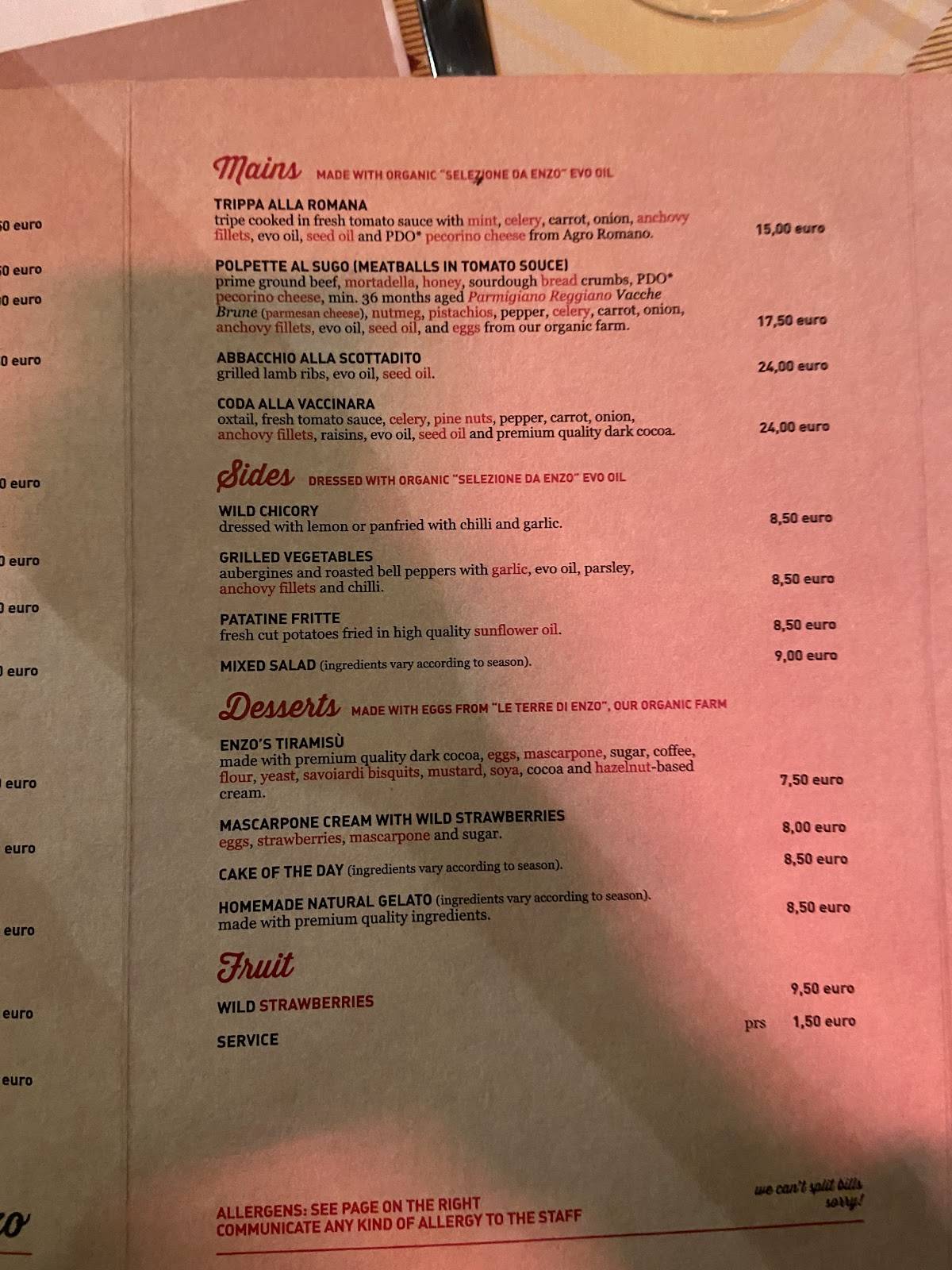 Menu di Trattoria Da Enzo 