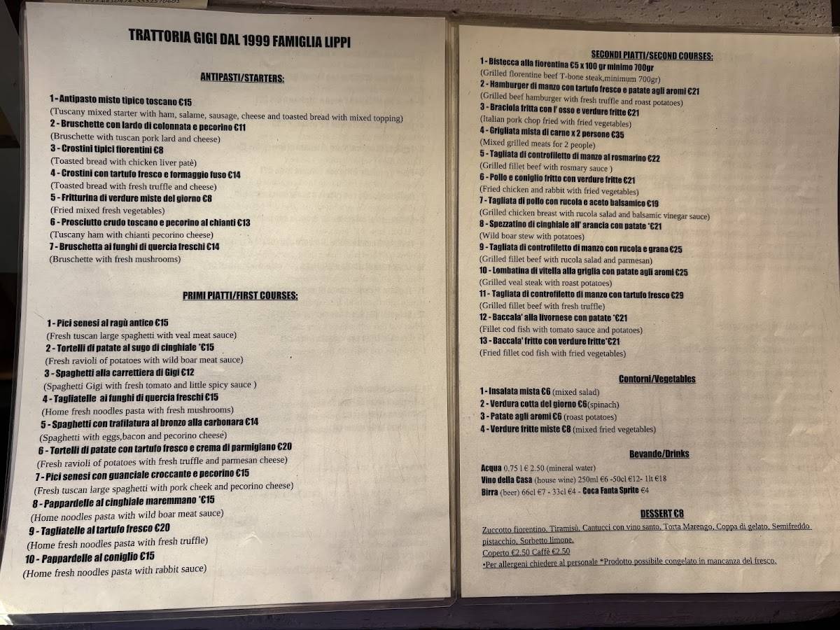 Menu di Trattoria Gigi 