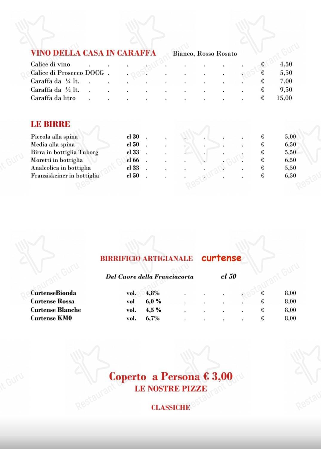 Menu di Trattoria Pizzeria Ristorante in Borgovico - pasti e bevande