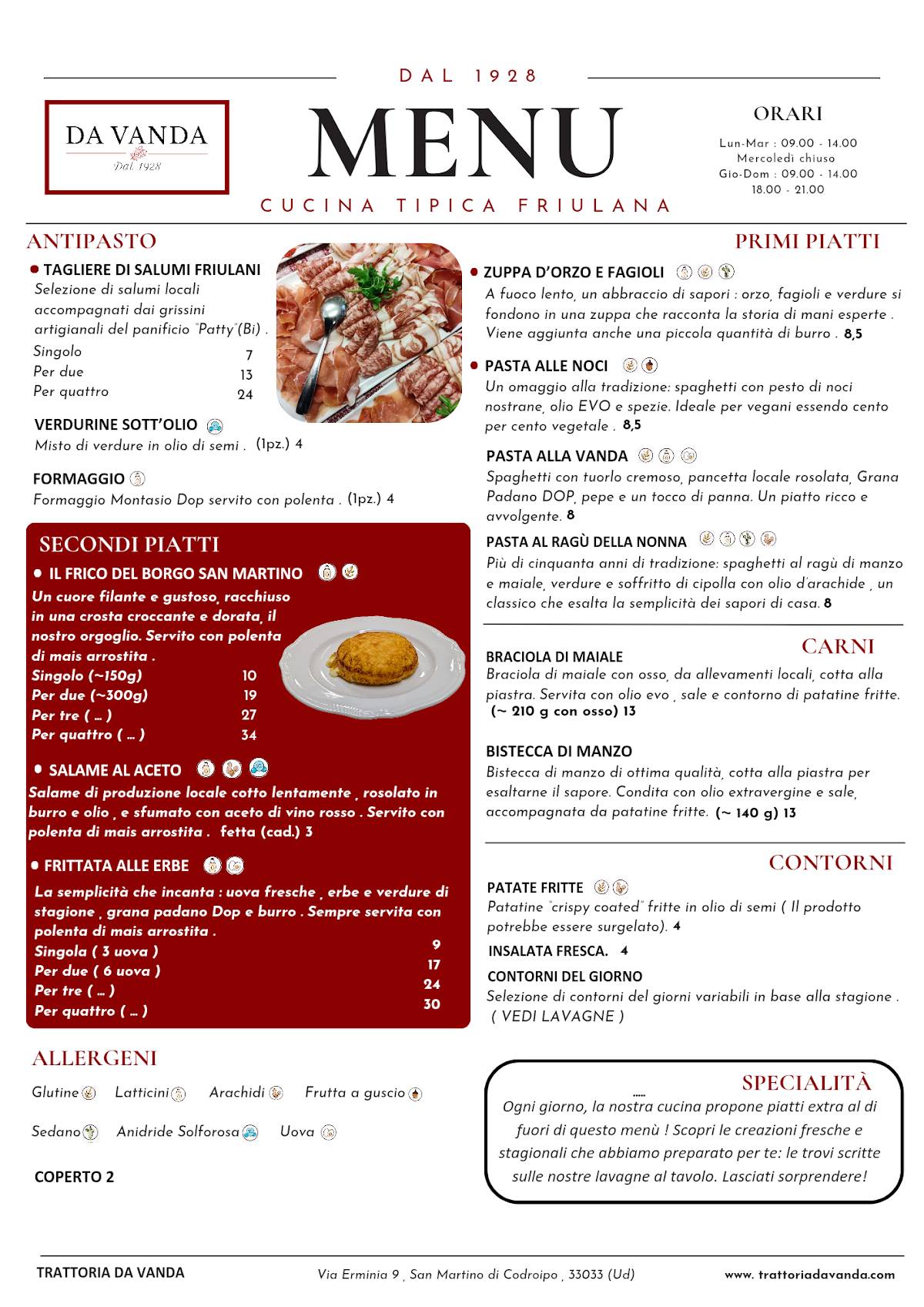 Menu di Trattoria da Vanda - San Martino - Codroipo 