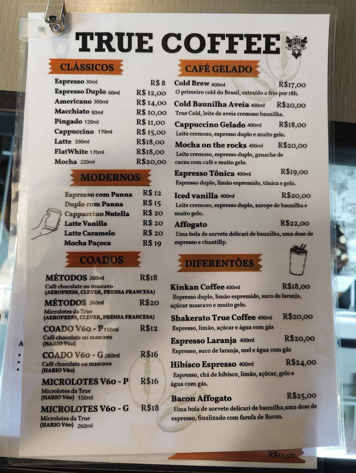 True Coffee Inc. cardápio