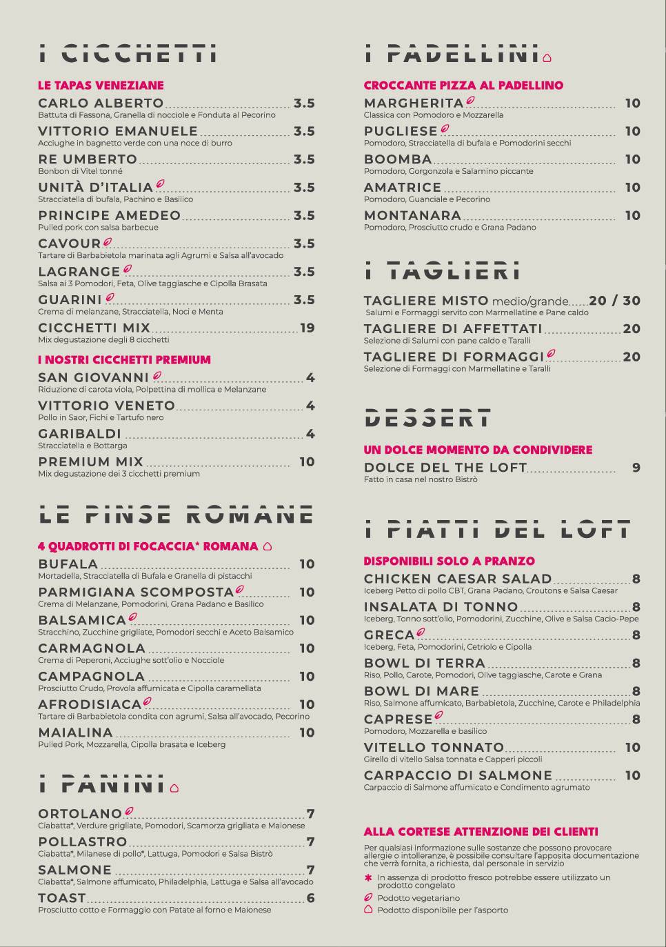 Menu di The Loft 